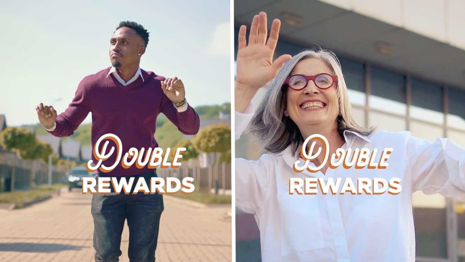 Double Rewards - Split image with man and woman dancing